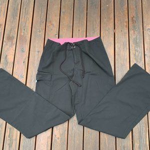 Ladies size Small Black with Pink Scrub Pants Front Zip and Tie Waist